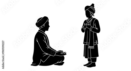 A traditional kneeling gesture between two culturally dressed individuals Vector, illustration