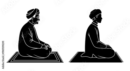 Two individuals performing traditional prayer postures in a contemplative setting Vector, illustration