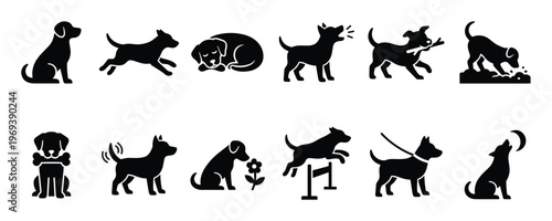 Collection of black dog silhouette icons depicting various poses and activities, including sitting, running, sleeping, barking, playing, digging, eating, sniffing, jumping, walking, and