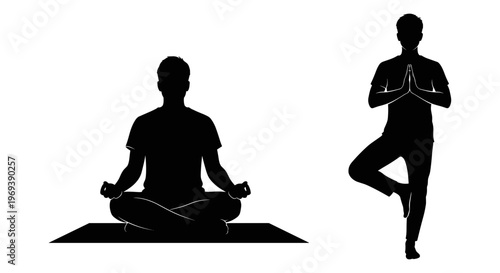Two yoga poses depicted in silhouette form for meditation and balance practice. Vector, illustration