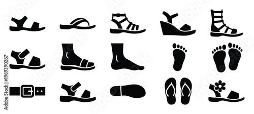Collection of black silhouette icons depicting various types of sandals, feet, and a belt, presented in a clean, graphic style