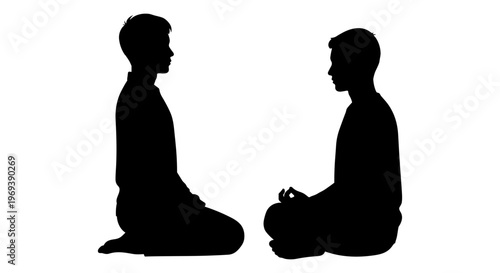 Two individuals engaged in a silent, contemplative dialogue in kneeling positions Vector, illustration