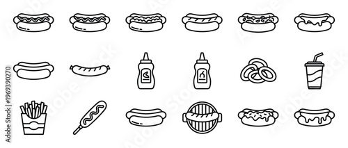 Collection of various hot dog and fast food line icons, including sausages, condiments, and sides