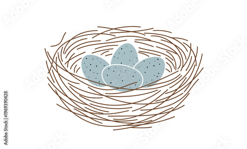 Close-up illustration of a bird's nest containing four light blue speckled eggs, symbolizing new life, spring, nature's cycle, and the delicate promise of growth in a simple, graphic style