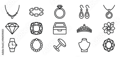 Comprehensive collection of jewelry and accessory outline icons, featuring necklaces, rings, earrings, and diamonds, presented in a clean, modern style