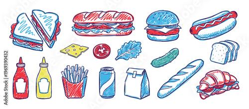 Various colorful hand-drawn fast food items and ingredients, including sandwiches, burgers, hot dogs, and condiments, are playfully arranged