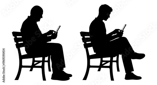 Two individuals engrossed in reading digital devices on wooden chairs side by side Vector, illustration