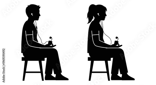 Two individuals engaged in virtual communication using headphones and devices. Vector, illustration