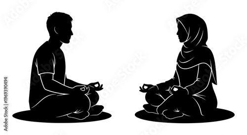 Two individuals sitting in meditation with focused postures Vector, illustration