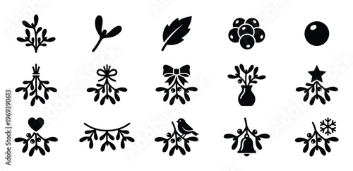 Collection of black silhouette mistletoe icons with various festive elements, perfect for holiday designs