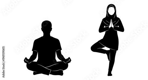 Two yoga poses demonstrated by silhouettes in a meditative and standing posture. Vector, illustration