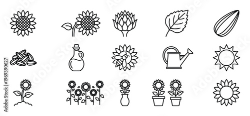 Collection of black outline sunflower-themed icons including flowers, seeds, oil, and gardening tools, presented in a clean, minimalist style