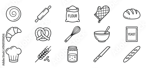 Collection of black outline baking and bread icons, including ingredients, tools, and finished products, presented in a clean, simple style