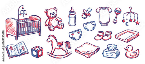 Collection of hand-drawn baby items, including a crib, teddy bear, bottle, and other essentials, in a charming doodle style