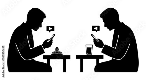 Two individuals engrossed in their phones during a meal together Vector, illustration