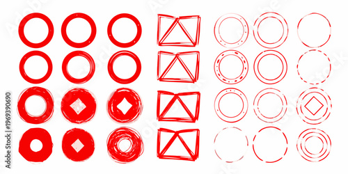 A collection of hand drawn red geometric shapes with varying opacity
