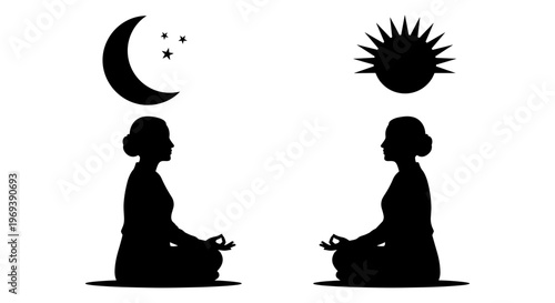 Balancing meditation under moon and sun symbols for spiritual harmony and peace. Vector, illustration