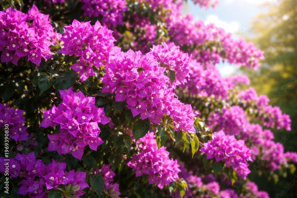 Obraz premium Vibrant purple bougainvillea plant blooming in bright sunlight