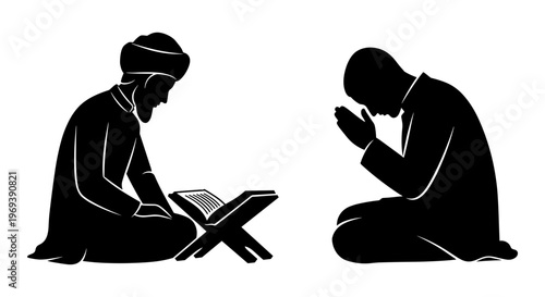 Two individuals engaged in acts of worship and study of the holy book Vector, illustration