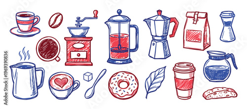 Various hand-drawn coffee-related items and accessories in a vibrant red and blue sketch style, including cups, pots, and beans