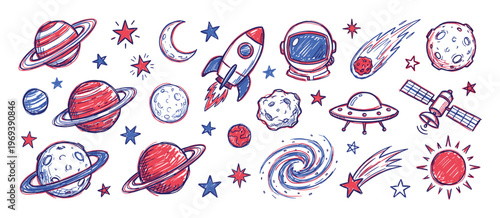 Collection of hand-drawn space elements, including planets, stars, rockets, and an astronaut helmet, in a vibrant red and blue sketch style