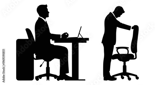 Two professionals demonstrating contrasting work postures at their desks. Vector, illustration
