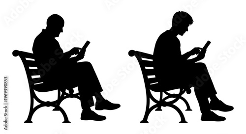 Two individuals engrossed in their smartphones on separate park benches. Vector, illustration