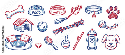 Various dog accessories and pet care items are depicted in a charming hand-drawn sketch style with red and blue outlines