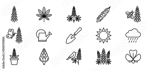 Collection of various outline icons representing gardening, nature, and weather elements in a clean, minimalist style