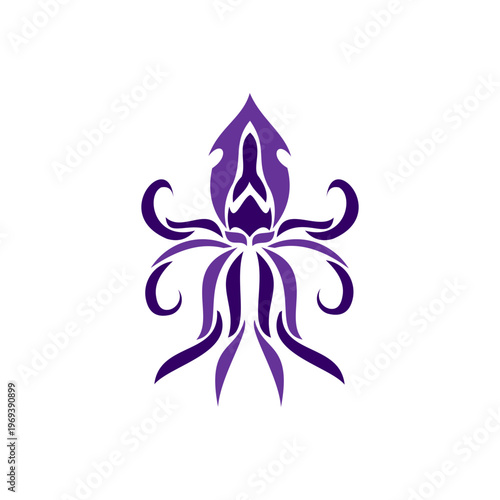 A sophisticated and symmetrical minimalist logo in varying shades of deep purple, depicting an abstract kraken or squid.