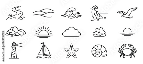 Collection of fifteen simple black outline nature and beach icons, including a river, hills, waves, a cliff, a seagull, rocks, a sunrise, a cloud, a bush, a sunset, a lighthouse, a sailboat,