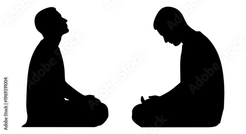 Two figures in a moment of silent reflection and prayer. Vector, illustration