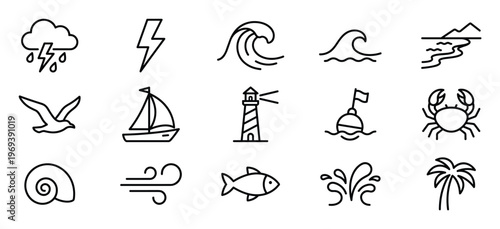 Collection of fifteen simple black outline icons representing various weather, sea, and beach elements, presented clearly