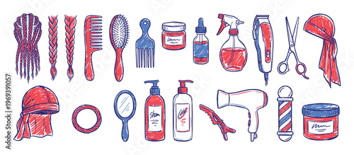 Various hand-drawn red and blue hair care and barber tools are neatly arranged in a clean, graphic style