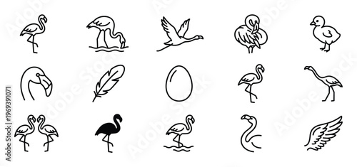 Collection of fifteen black outline flamingo icons, including birds standing, flying, swimming, and a chick, feather, and egg