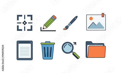 Essential Digital Tool Icons Set for Creative Editing, File Management, and User Interface Design, Perfect for Modern Web and Mobile Applications