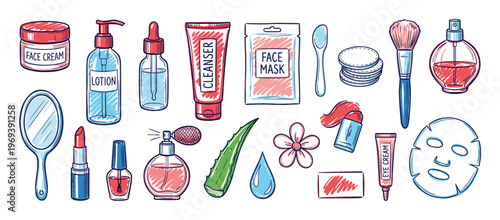 Various hand-drawn beauty and skincare products are arranged in a colorful, playful doodle style on a clean surface