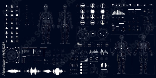 Futuristic human body scan with detailed anatomical and data visualizations