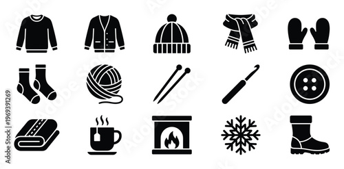 Collection of black silhouette icons representing various winter clothing, knitting supplies, and cozy elements, presented in a clean, graphic style