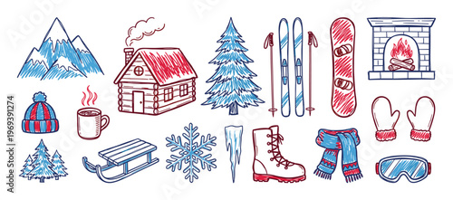 This vibrant collection of hand-drawn winter elements features a cozy cabin, snowy mountains, ski equipment, and warm accessories, all rendered in a playful doodle style