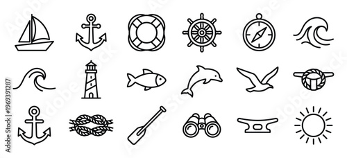 Collection of nautical-themed outline icons featuring a sailboat, anchor, lifebuoy, steering wheel, and compass, presented in a clean, minimalist style