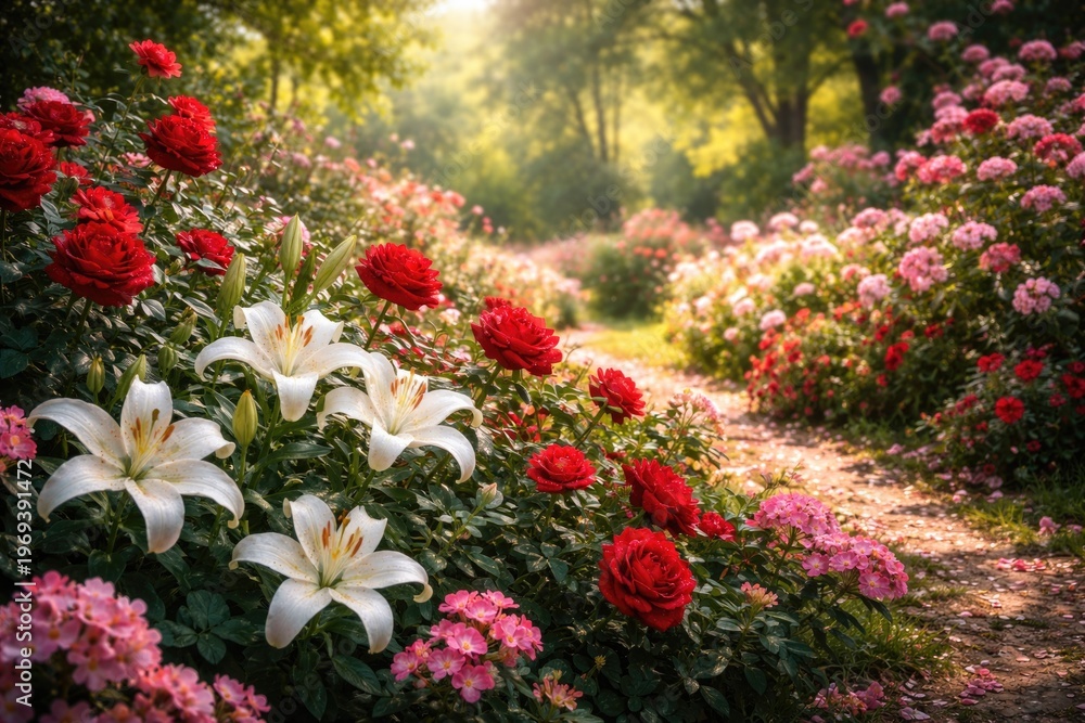 Naklejka premium Beautiful floral garden blooming with red roses white lilies and pink petals in lush green park