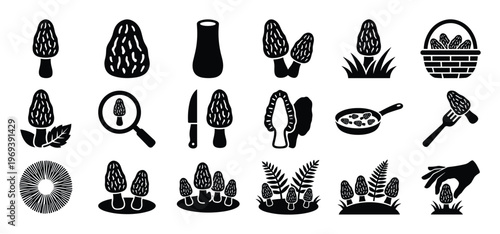 Collection of black silhouette morel mushroom icons depicting various stages of foraging, cooking, and preparation