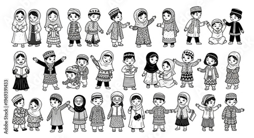 Collection of children in winter clothing, black and white illustration.