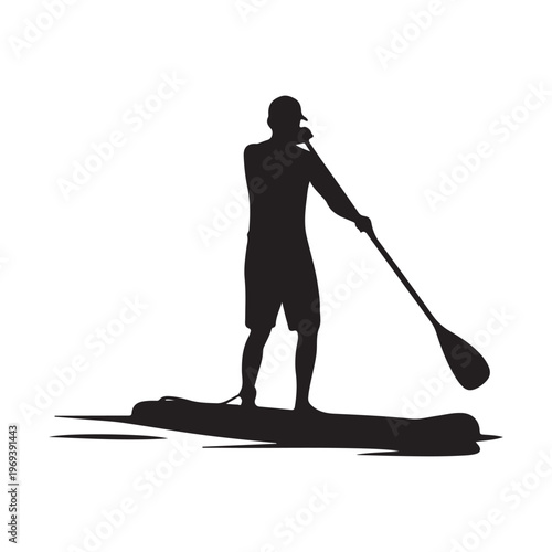 Man silhouette paddleboarding on calm water with paddle