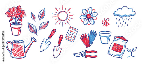 Various hand-drawn gardening tools and elements in red and blue sketch style are arranged horizontally on a white surface