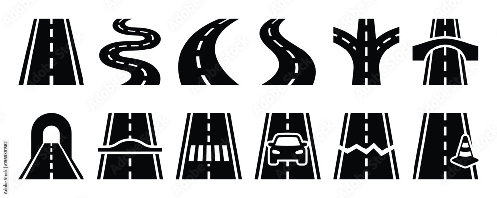 Fototapeta premium Collection of various black road icons with white markings, depicting different paths, intersections, and road conditions