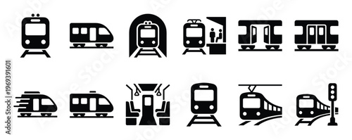 Collection of black and white train and subway icons illustrating various aspects of rail transport in a clean, graphic style
