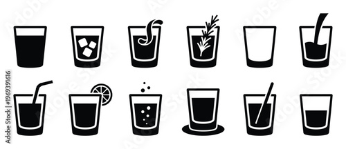 Collection of twelve black and white graphic icons depicting various types of drinks in glasses, including cocktails and beverages