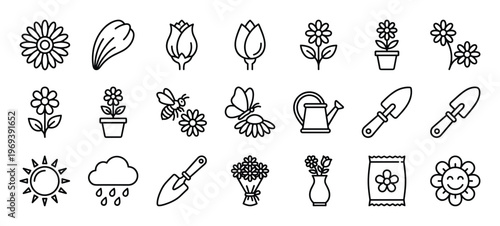 Comprehensive collection of various gardening and nature-related outline icons, including flowers, tools, and weather elements, presented in a clean, minimalist style
